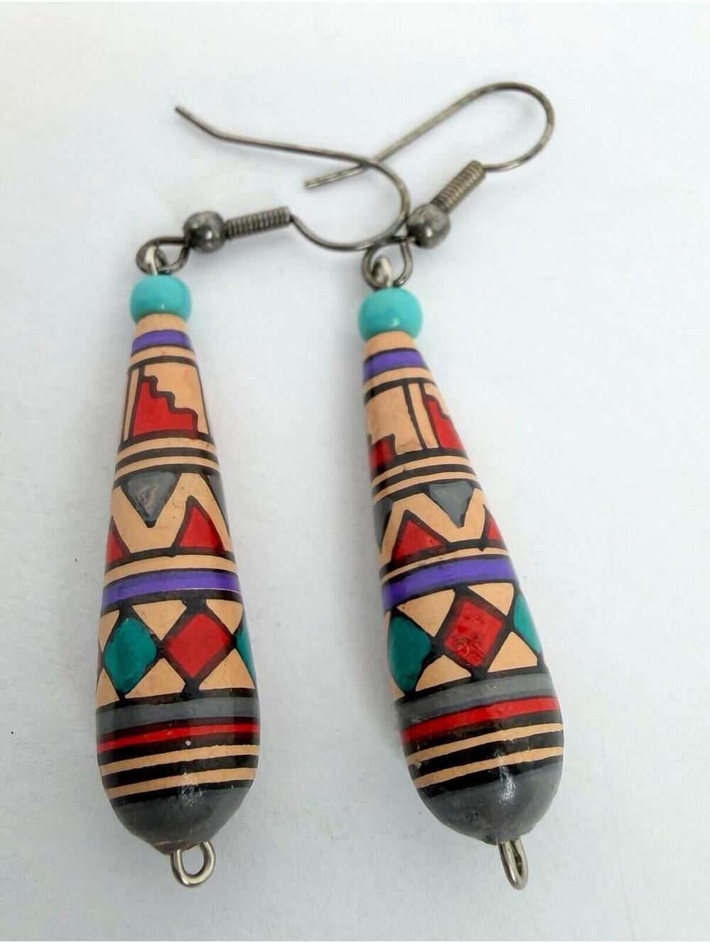 Peruvian Clay Bead Earrings Aztec Style Drop Earrings